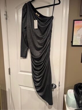 All Worthy by Hunter McGrady One-Shoulder Shimmering Charcoal Asymmetrical Dress
